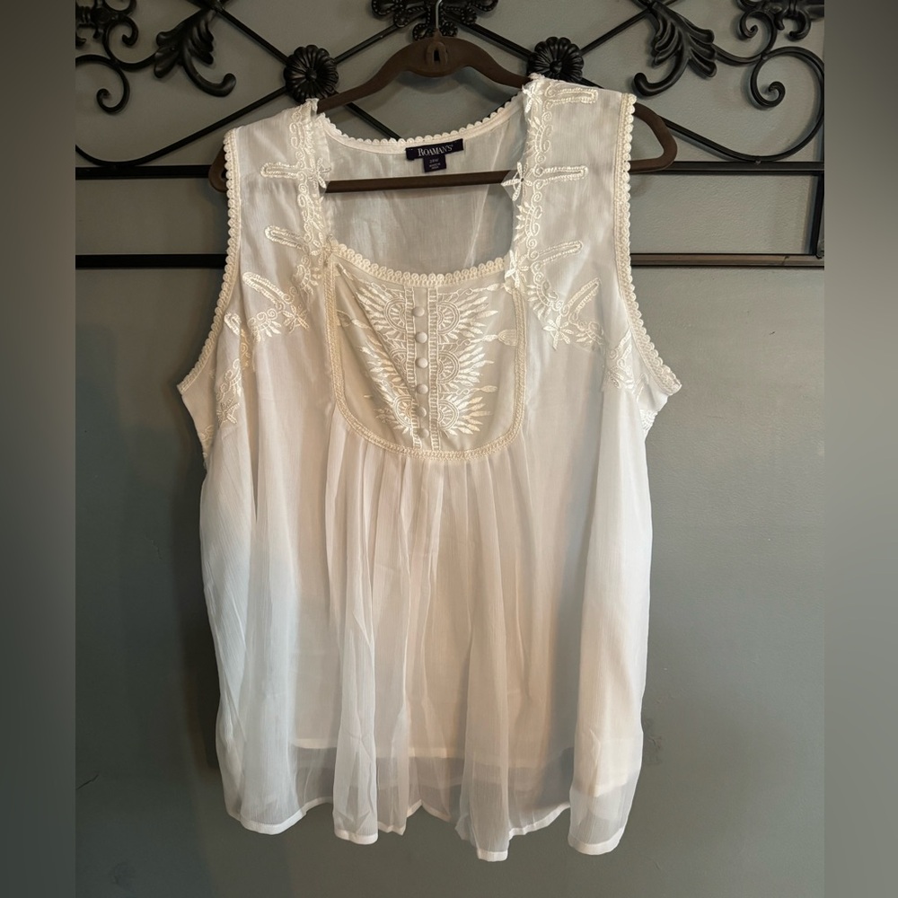 Roaman's White Embroidered Sleeveless Blouse